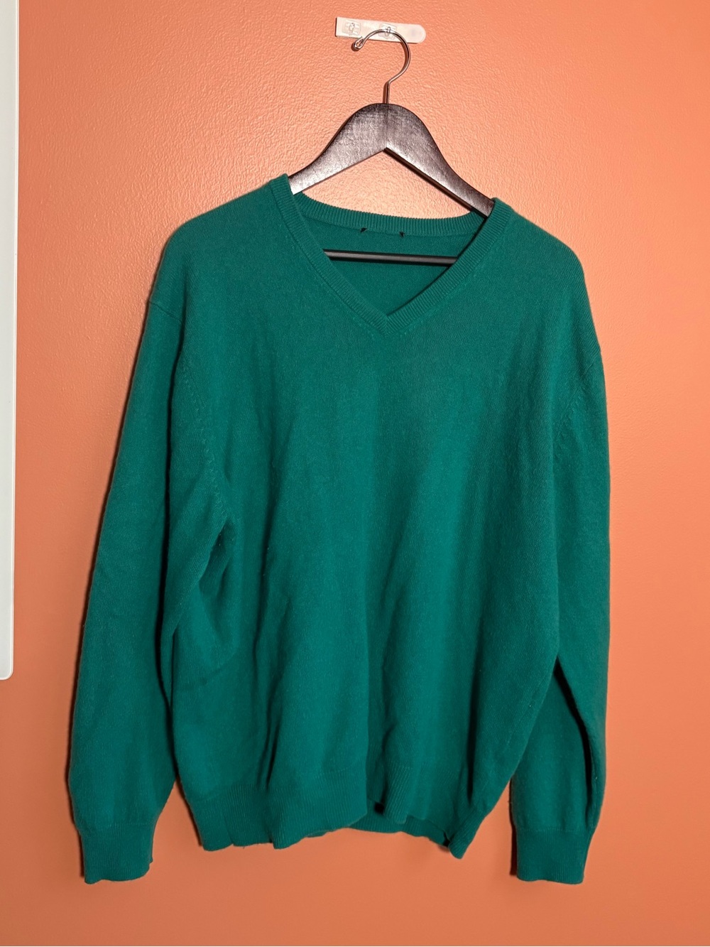 Men's Green 100% Cashmere V-Neck Knit Pullover Sweater Long Sleeve Regular Fit